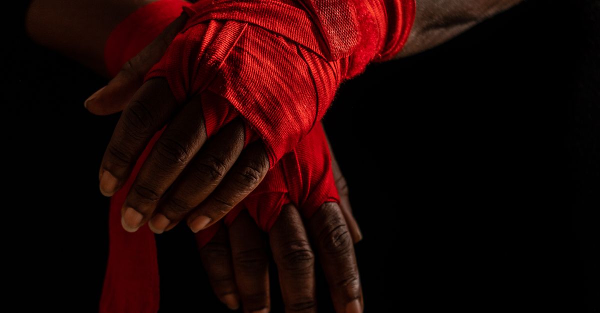 Close-up of wrapped fighter's hands